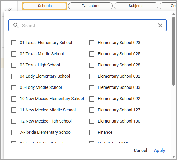 List of schools with checkboxes for selection and a search bar at the top.